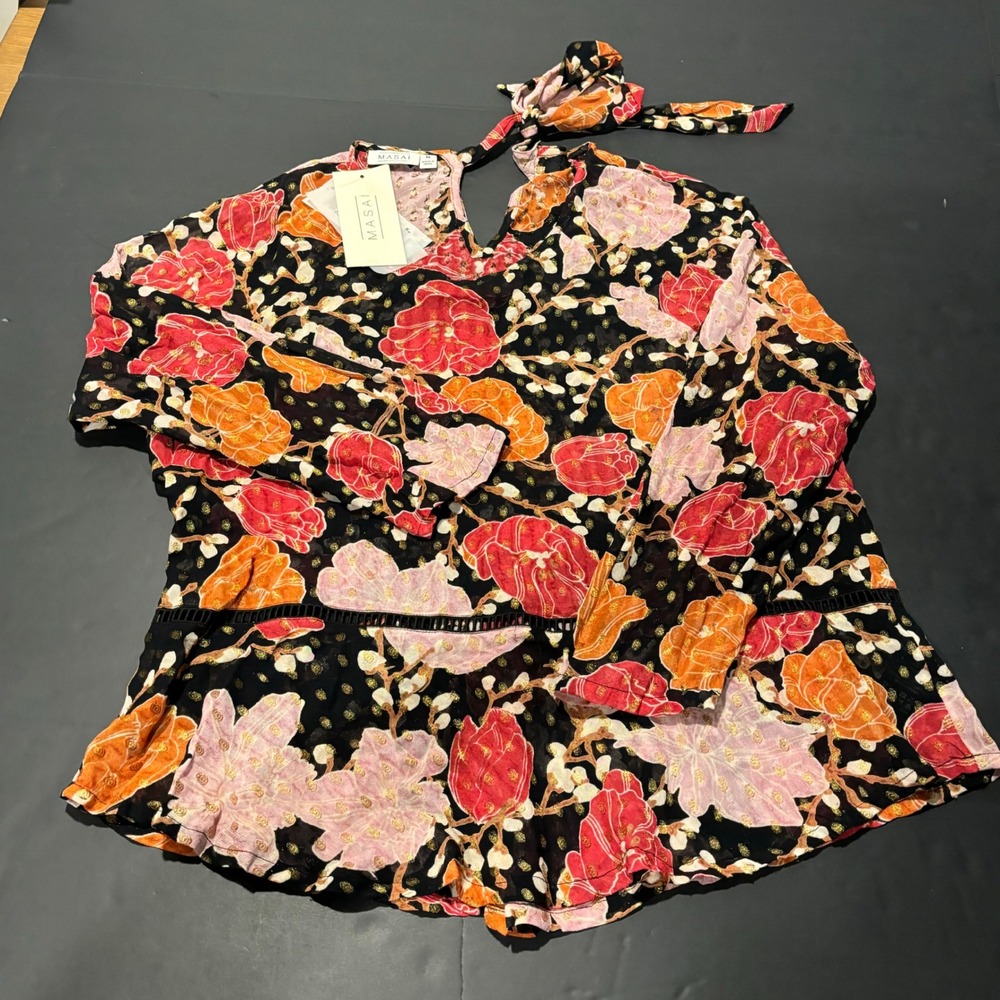 Masai Copenhagen Floral Tie Neck Blouse Top Red Orange Black M